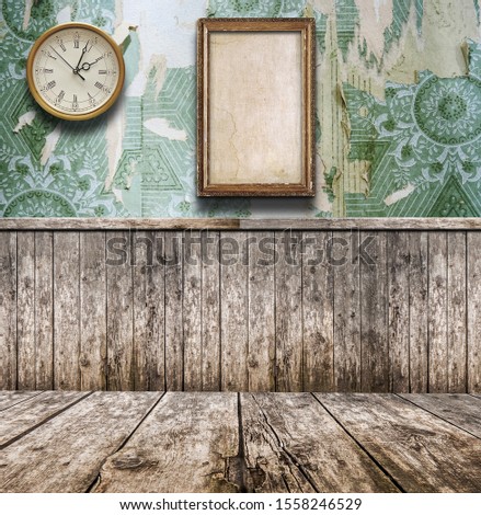 vintage interior with wall clock and photo frames Rustic interior design.