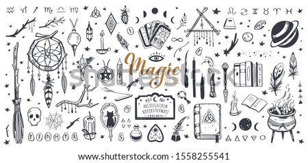 Witchcraft, magic background for witches and wizards. Wicca and pagan tradition. Vector vintage collection. Hand drawn elements: candles, book of shadows, potion, tarot cards etc. Royalty-Free Stock Photo #1558255541