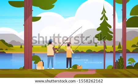 father and son fishing together rear view man with little boy using rods happy family weekend fisher hobby concept sunset mountains landscape background flat full length horizontal vector illustration