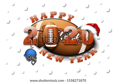 Happy new year 2020 and football ball with helmet and Christmas hat. Creative design pattern for greeting card, banner, poster, flyer, party invitation, calendar. Vector illustration