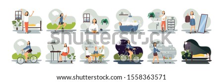 Set of everyday leisure and work activities performing by young woman. Bundle of daily life scenes. Girl sleeping, eating, working, doing sports, grocery shopping. Royalty-Free Stock Photo #1558363571