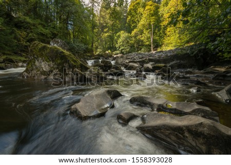 This is a picture from the Scottish Highlands on a cloudy day showing a river running through a autumn colored forest.