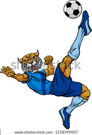 A wildcat soccer football player cartoon animal sports mascot kicking the ball