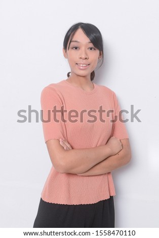 Portrait of her she nice attractive lovely girl crossed hands isolated over white background


