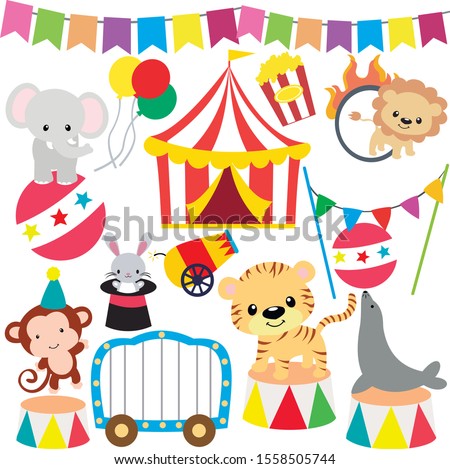 Circus Cartoon Animal Vector Clipart Illustration on isolated background. Circus elements : elephant on ball, balloons, tent, lion, hare in hat, monkey, tiger, seal and Banners