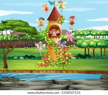 Scene with fairies flying in garden illustration