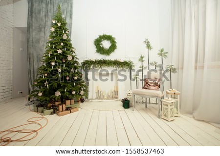 Interior of a New Year's photo studio with a tree.