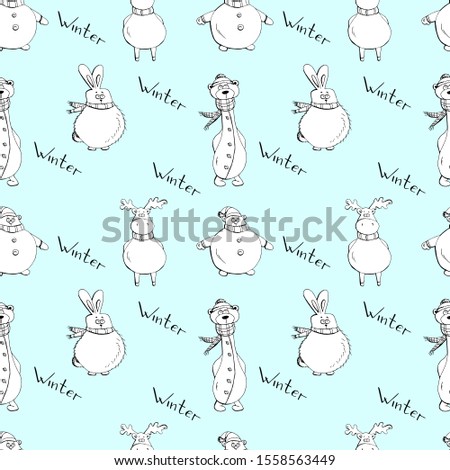 Cute seamless pattern polar bear, deer, hare, lettering winter cartoon hand drawn vector illustration. Can be used for t-shirt print, kids wear fashion design, baby shower invitation card