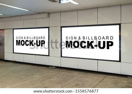 Mock up perspective two blank horizontal billboard with clipping on the wall at subway station,  empty space for advertising or information, advertising concept