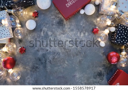 Rustic Natural Christmas background on textured dark grey background. Copy space for text, flat lay, top view. Corner frame.