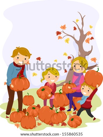 Illustration of a Stickman Family Carrying Pumpkins