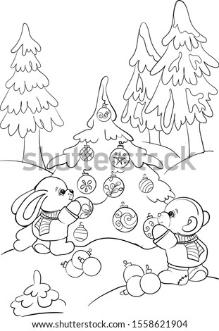 
Christmas coloring book for children. Bunny and bear decorate a Christmas tree in a forest glade. Drawing for children. Cartoon. 