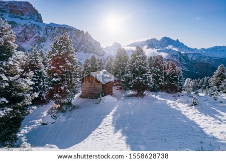Wooden hut in Alpine mountains in deep snow during sunny winter day  / South Tyrol region during winter