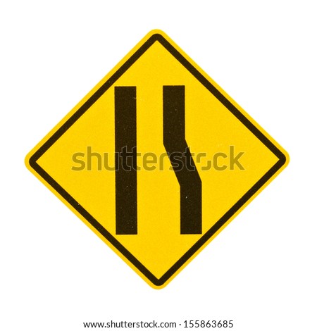 Road narrows traffic sign on white