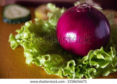 
red onion and lettuce closeup on the table