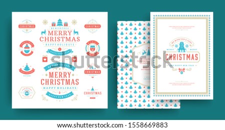Christmas labels and badges vector design elements set with greeting card template. Merry christmas and happy new year wishes vintage typography and symbols objects with ornaments.