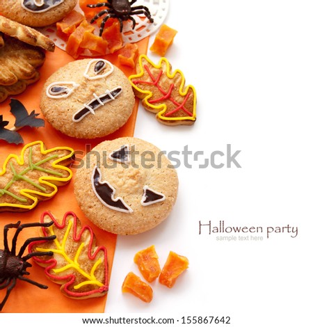 Decorations of cookies for Halloween party  on the white background