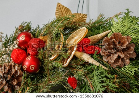 Christmas composition. Wreath of Christmas tree branches close-up