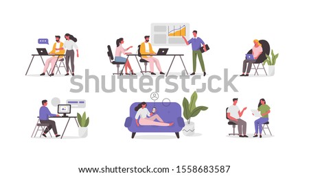 Business People Characters in Coworking Place. Businessman and Businesswoman Working, Discussing and Meeting in Open Space Office. Coworkers and Freelancers Team. Flat Cartoon Vector Illustration. Royalty-Free Stock Photo #1558683587
