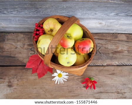 Fresh ripe apples in a basket on a vintage wooden table. Autumn still life.