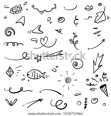 Abstract arrows, ribbons and other elements in hand drawn style for concept design. Doodle illustration. Vector template for decoration with line art style vector Royalty-Free Stock Photo #1558715066