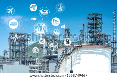 Industry 4.0 Oil refinery and double exposure icon concepts, networking and data exchange and modern technology for the world industrail. Royalty-Free Stock Photo #1558749467