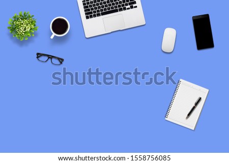 Top view office desk and supplies, with copy space. Creative flat lay photo of workspace desk