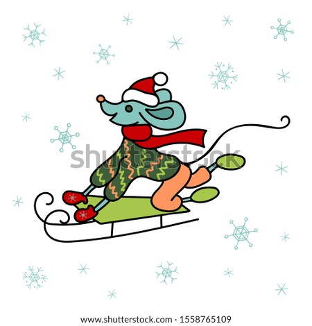 Mouse sledding in winter clothes. Handwork. Character. Line drawing. Symbol of the new year 2020. Winter sport. Isolated object. Color image. Year of the rat according to the eastern calendar.