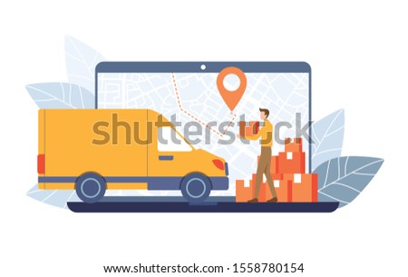 The Delivery man carry parcels to Delivery truck on GPS map laptop screen background. Order Tracking concept. Vector illustration flat design style.  Royalty-Free Stock Photo #1558780154