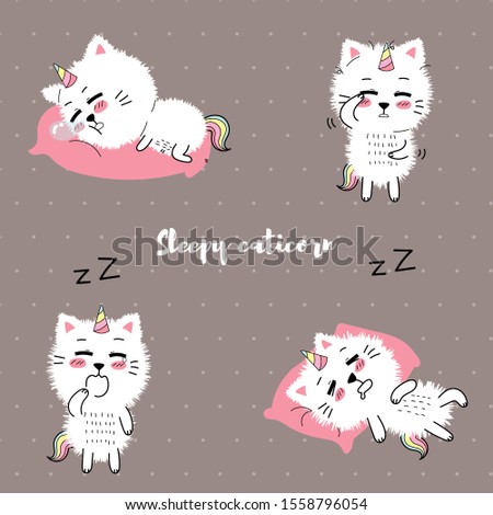 cute cat unicorn sleepy furry cartoon with sweet colors.