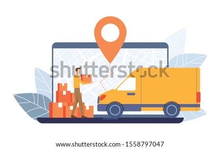 Young Man carry parcels to Delivery truck on GPS map laptop screen background. Order Tracking concept. Vector illustration flat design style.  Royalty-Free Stock Photo #1558797047