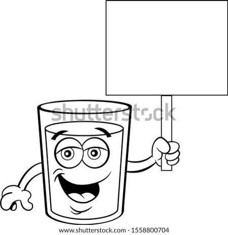 Black and white illustration of a glass of happy milk holding a sign.