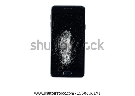 Modern mobile smart phone with broken, cracked screen isolated on white background. Concept of broken display.

