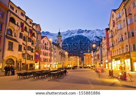 Evening scene in Innsbruck, Austria. Royalty-Free Stock Photo #155881886
