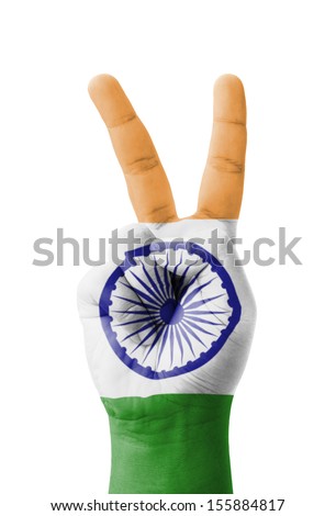 Hand making the V sign, India flag painted as symbol of victory, win, success - isolated on white background