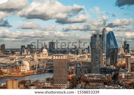 Europe, United kingdom, London. London cityscape with skyscrapers, Thames river. Included thelondon studios, southbank. tower, the mummy, St Pauls cathedral, thames river