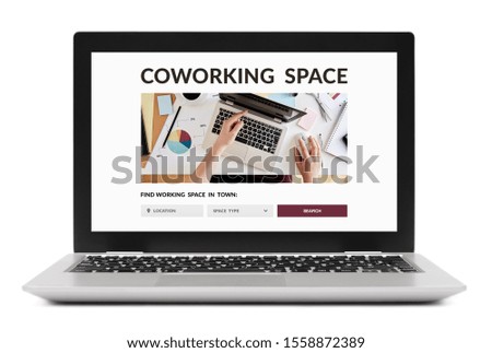 Coworking space concept on laptop computer screen. Isolated on white background.