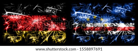 Germany, German vs Cape Verde New Year celebration travel sparkling fireworks flags concept background. Combination of two abstract states flags.
