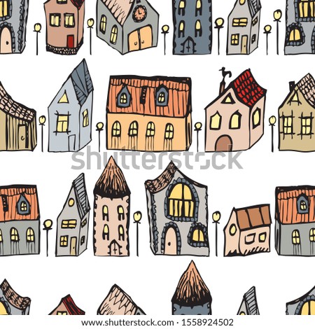 Seamless background of various cartoon houses of old town