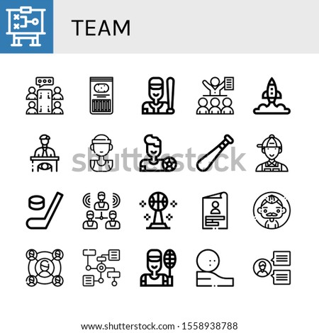Set of team icons. Such as Strategy, Meeting, Sticks, Baseball, Startup, Eyewitness, Basketball player, Football player, Baseball bat, Manager, Hockey, Group, Basketball , team icons