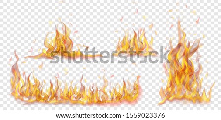 Set of translucent burning campfires of flames and sparks on transparent background. For used on light backgrounds. Transparency only in vector format