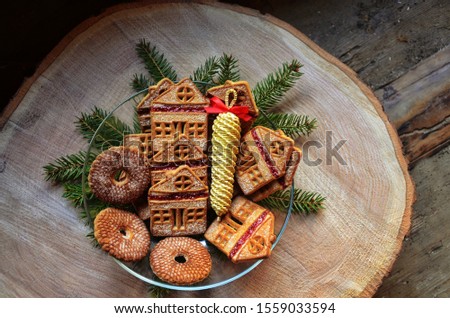 Christmas holidays ornament flat lay; Christmas card background