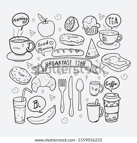 Set of cartoon food: breakfast. Toaster/coffee pot/jam/peanut butter/bacon/pancakes/waffles/cornflakes/sandwich/bun/croissant/fruits/juice and so. Vector illustration isolated outline hand draw.