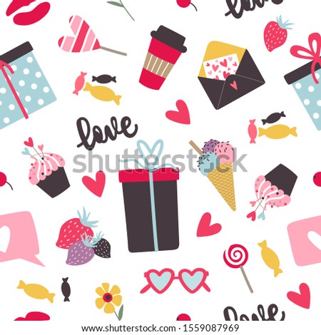 Valentine's Day vector seamless pattern. Hand drawn colorful texture. Romantic mood design. Design  for wallpaper, fabric, wrapping paper.
