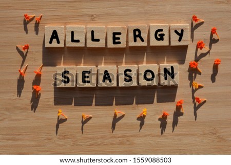 Allergy Season, words in 3d wooden alphabet flowers with fresh orange flowers on a bamboo wood background