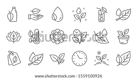 Plants line icons. Leaf, Growing plant and Humidity thermometer. Water drop linear icon set. Quality line set. Vector Royalty-Free Stock Photo #1559100926
