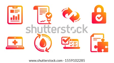 Online survey, Report document and Refill water line icons set. Medical help, Approved agreement and Password encryption signs. Refresh, Strategy symbols. Quiz test, Page with charts. Vector