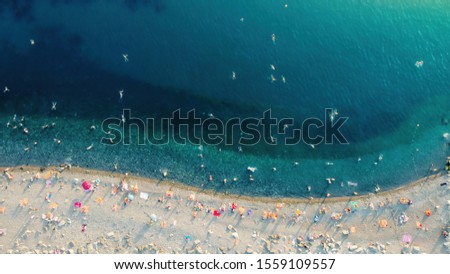 Picturesque aerial of beach life in Sochi view from above. Beautiful green and blue sea waves roll ashore, people swim in the water and sunbathe on the shore crammed with colorful umbrellas.
