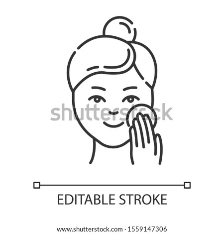 Moisturizer linear icon. Skincare procedure. Facial beauty. Cleansing for healthy skin. Makeup removal. Thin line illustration. Contour symbol. Vector isolated outline drawing. Editable stroke