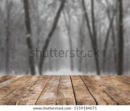 Wooden table top on winter sunny landscape with fir trees. Merry Christmas and happy New Year greeting background. Winter landscape with snow and christmas trees.